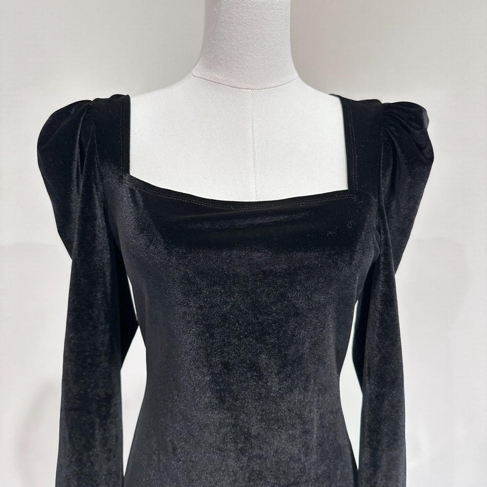 Reformation Lunar Dress Black‎ Velvet Long Sleeve Mini Puff Sleeve | Size S - Picture 3 of 8